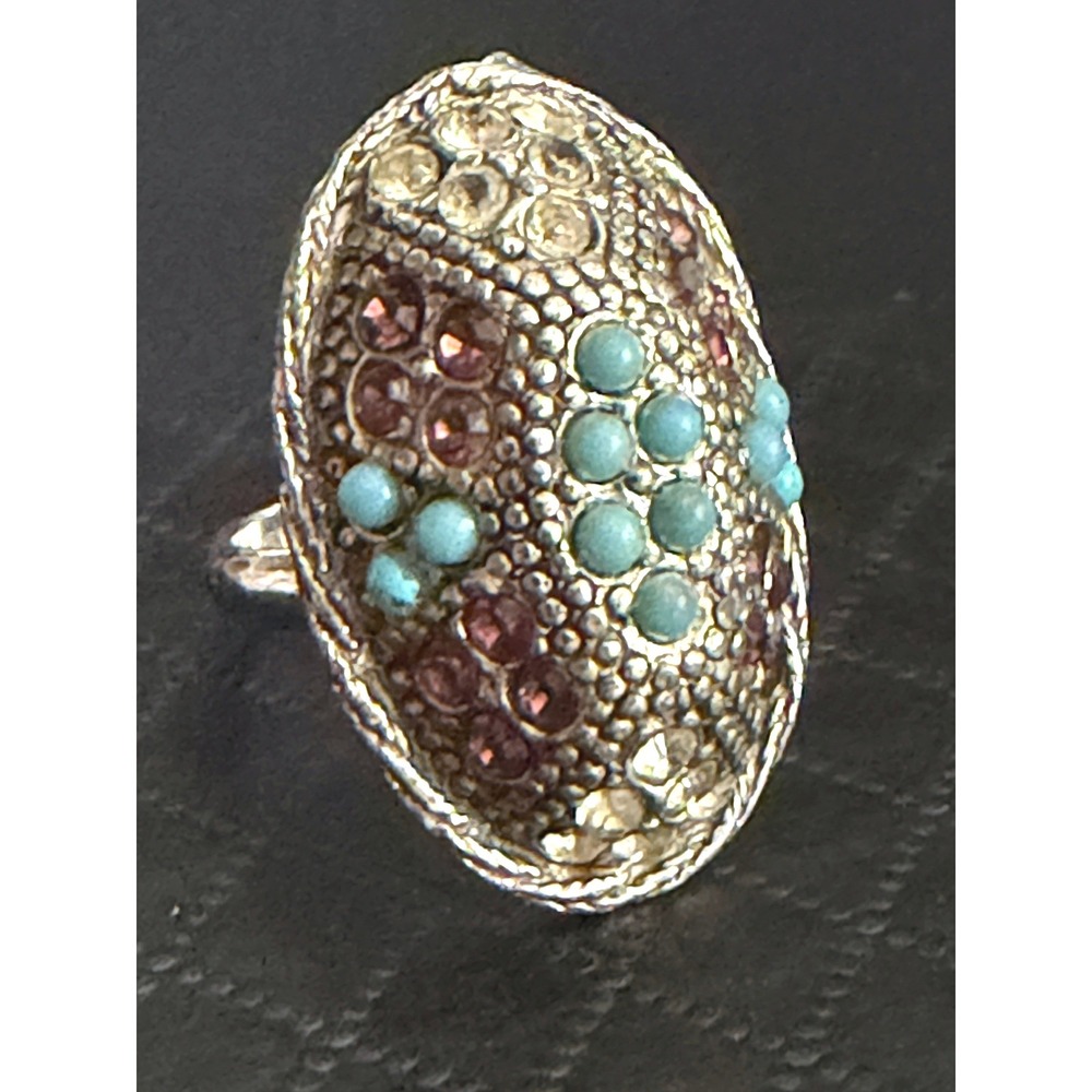 Vintage Sarah Coventry Ring Rhinestone Silver Tone Teal Pink